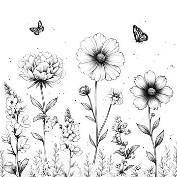 Elegant Black and White Botanical Illustration of Flowers, Butterflies, Peony, Cosmos, Wildflowers, and Nature-Inspired Designs - Delicate Hand-Drawn Floral Art with Detailed Outlines