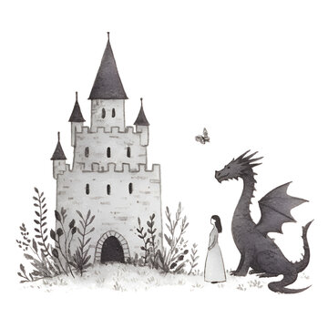 Enchanting Castle Adventure: A Fantasy Art Illustration of a Girl, Dragon, and Whimsical Butterfly in a Dreamlike Medieval Landscape with Magical Creatures and Serene Folklore Legends