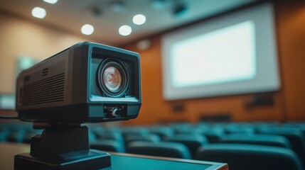 Focused view of a projector beaming onto a white screen in a dimly lit lecture space, academic mood