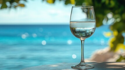 Close-up of cocktail glass on table with ocean in background, blurred tropical vibe