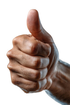 Thumbs Up Gesture: An extreme close-up shot of a human hand with the thumb raised upwards. it captures a universal symbol of approval, affirmation and a positive sign.