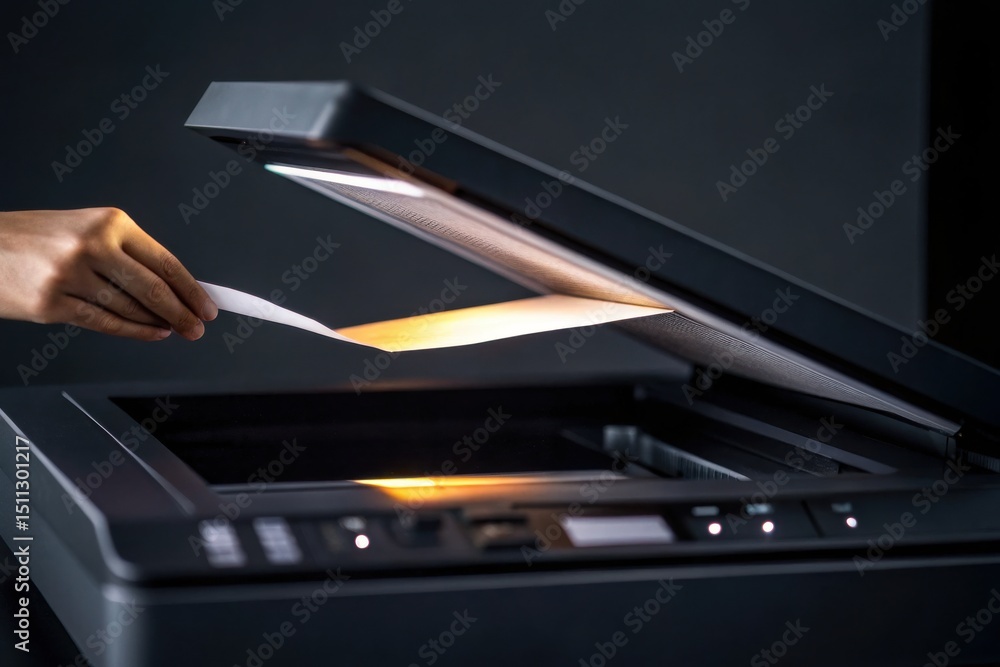 Poster a person places a document on a flatbed scanner or photocopier with the lid open, preparing to scan 