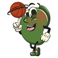 manggo retro vektor illustration mascot character spin the basketball with the index finger, work of hand drawn