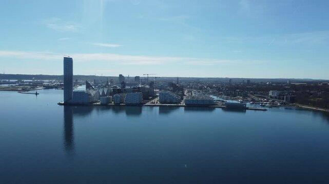 Aarhus oe with Lighthouse and Aarhus harbour as well as marina entrance