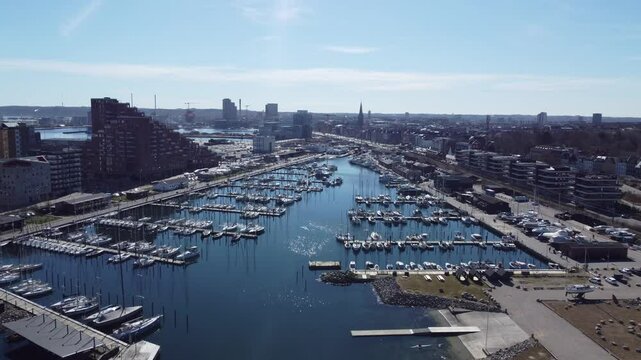 Aerial view of Aarhus Oe and the marina with the sails sport area