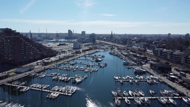 Flight towards Aarhus, from the sail sport and marina area in Aarhus Oe