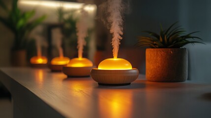 Nighttime spa scene with glowing aromatherapy diffusers, ambient shadows, deeply calming setting