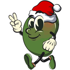 manggo retro vektor illustration mascot character wearing a Santa Claus hat while giving a two-finger peace sign, work of hand drawn