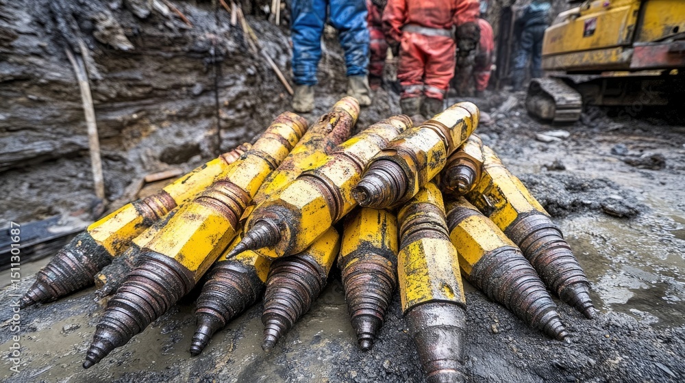 Poster drill bits and casings stacked on-site next to a rotary table setup