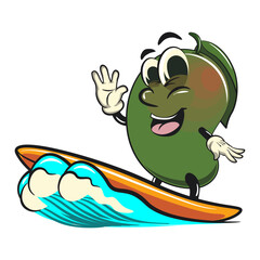 manggo retro vektor illustration mascot character surfing riding the waves, work of hand drawn