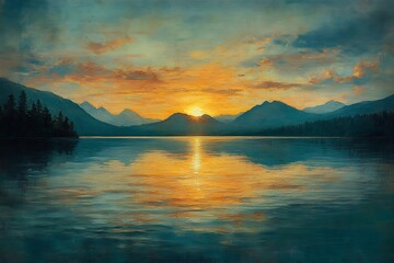 Fototapeta premium Wooden pier on calm lake during a vibrant sunset, peaceful waterscape with dramatic clouds, nature reflection, tranquil scene, summer evening, serene lakeside landscape