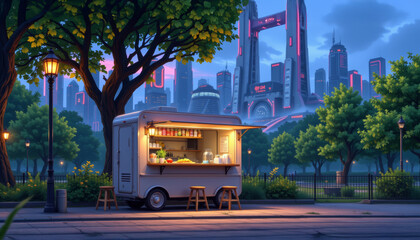 Obraz premium Small modern food truck in vibrant urban park setting, surrounded by trees and city skyscrapers, creates lively atmosphere