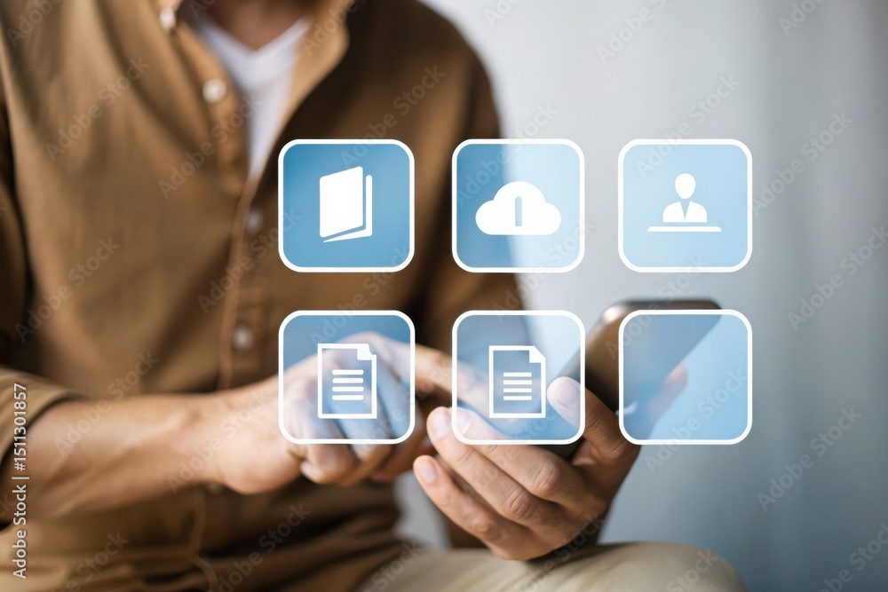 Poster a person uses a smartphone with virtual icons for cloud, files, and digital access floating above th