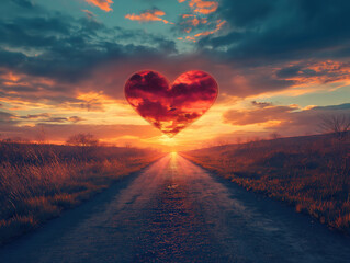 Scenic Sunset with Heart Shaped Sky and Road Leading to Love