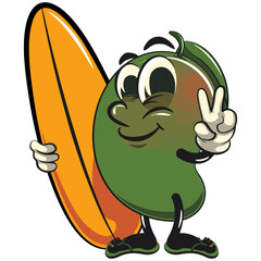 manggo retro vektor illustration mascot character with surfboard and gave a peace sign, work of hand drawn