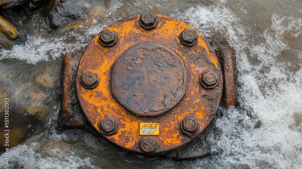 Poster flanged pipeline connection with rusted bolts and visible safety tags