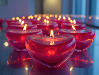 Romantic rows of heart-shaped candles glowing on a mirrored table