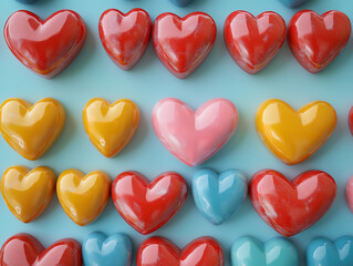 Geometric display of rows of tiny heart-shaped candies