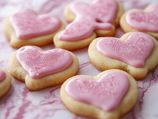 Heart-shaped cookies with pink sugar on pink marble for a sweet Valentine's treat