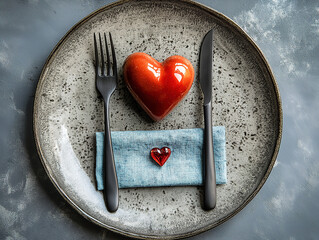 Heart-shaped decor crystal on ceramic plate with cutlery for romantic Valentine’s meal