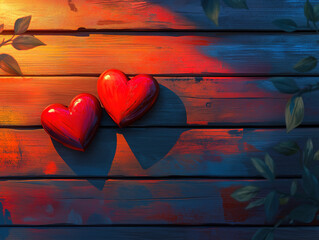 Romantic Valentine's setup with red hearts on wooden surface