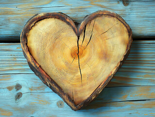 Heart made of polished wood on a cozy Valentine's Day card