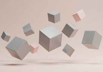 Floating Cubes Abstract 3D Render of Geometric Shapes in Pastel Tones