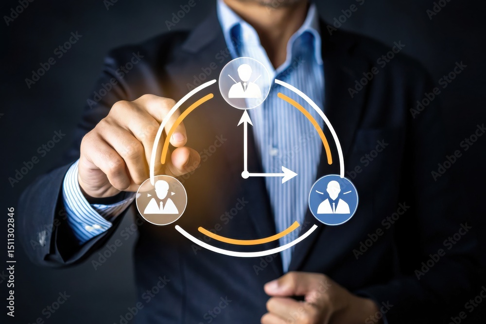 Aufkleber a businessman interacts with a digital graphic showing interconnected team members and workflow arro