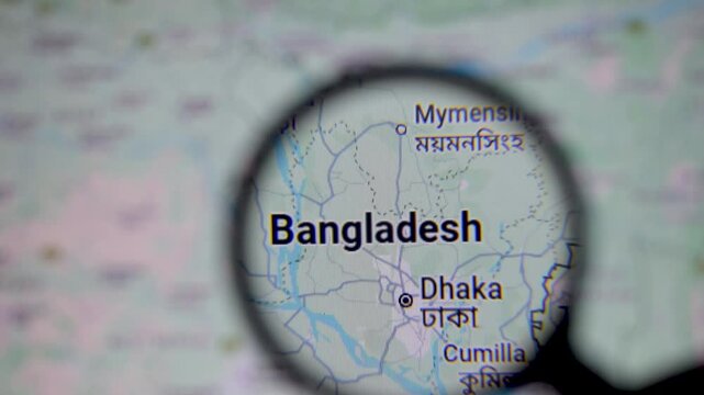 Video of map of Bangladesh through magnifying glass. Earth, physical, political, bangla, east pakistan, partition, prime minister, exile, trade, dialogues, saarc, bimstec 