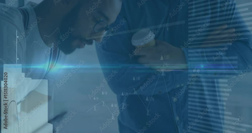 Poster data analyst reviewing business charts with manager holding coffee causing digital graphs on phone