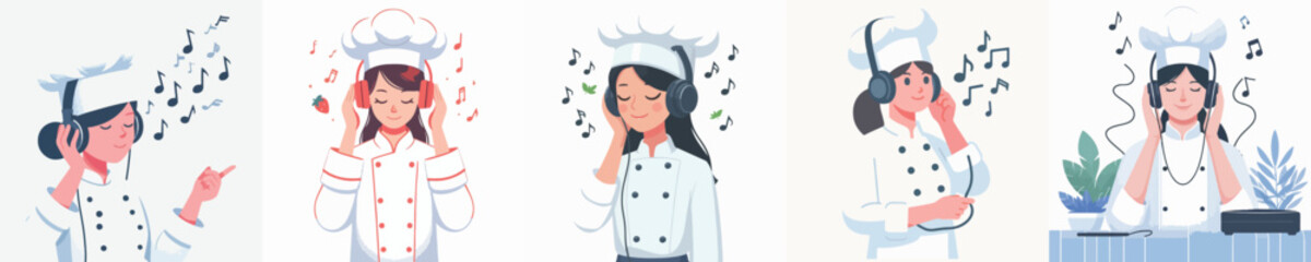 female chef character vector listening to music