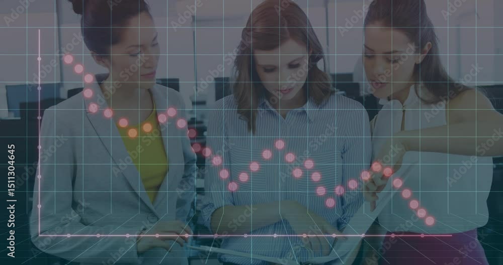 Aufkleber three office pros swiping tablet in business data review with grid and pink-dotted graph evolving