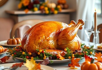 Golden-brown roasted turkey centerpiece on Thanksgiving table,  fall,  catholicism