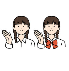 三つ編みの女子高生 ワイシャツ リボン こちら