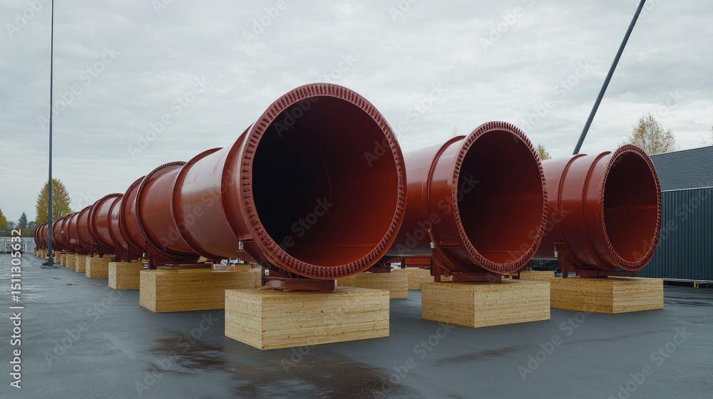 Poster rust-resistant coating applied to large diameter pipeline stored on wooden blocks