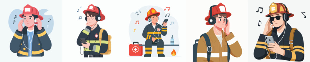 firefighter character vector listening to music