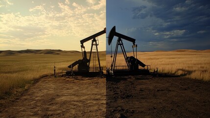 Naklejka premium Time-of-day transition across oil field showing morning to evening extraction operations
