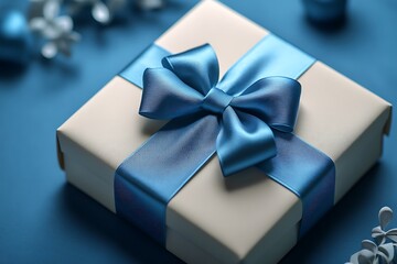 Elegant blue gift box with satin ribbon bow on textured background, luxury present, minimalist design, holiday celebration, special occasion packaging, stylish wrapping