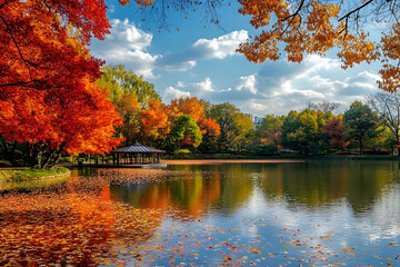 Obraz premium Autumnal beauty of a tranquil park pond.