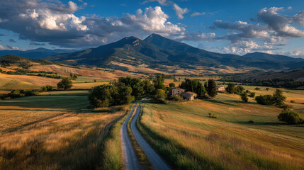 Scenic rural landscape with winding dirt road leads through golden fields towards distant mountains under dramatic sky