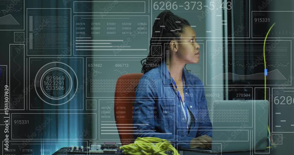 Poster data center network technician typing commands on laptop updating overlays and configuring network