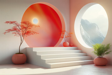 A white room with a red circle in the middle