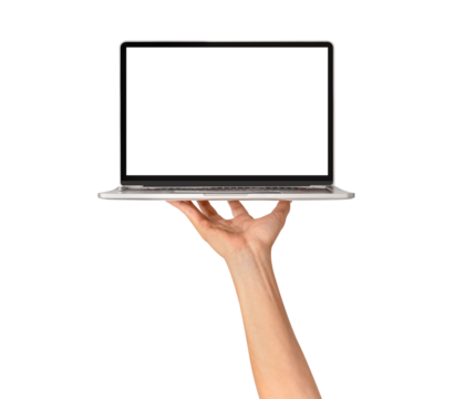 Hand showing laptop computer with blank screen isolated.