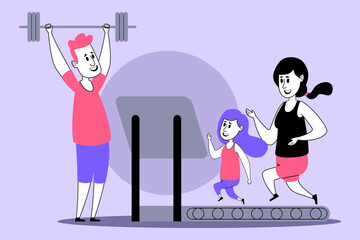 Father lifting weights while his running on treadmill, and their mother jogging beside them. Family sharing healthy moment in home gym setting