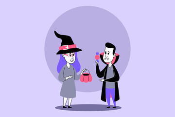 Sister and brother celebrating Halloween. Girl wearing witch costume with tall hat while boy wearing vampire outfit. Siblings showcasing treats and spirit of occasion
