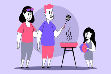 Cheerful family gathering in backyard, grilling food on barbecue. Father cooking with spatula while mother and daughter watching and enjoying playful moment together