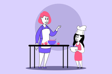 Mother and daughter engaged in fun cooking activity in kitchen. Mother gesturing while daughter, in chef hat, holding bowl, showcasing joyful moment