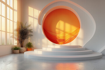 A white room with a large orange circle on the wall