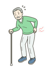 Fototapeta premium 腰痛で腰に手を当てる高齢男性のイラスト