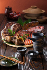 【日本酒と北海鮮魚食材】新鮮な日本海の幸と愉しむ日本酒。アコウ・ノドグロ・カサゴなどの高級魚と甘エビ・ホタテ貝・バイ貝。